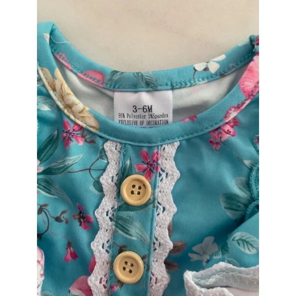 Baby Floral Ruffle Romper With Lace Trim & Pink Bow Detail 3-6M Polyester & Span